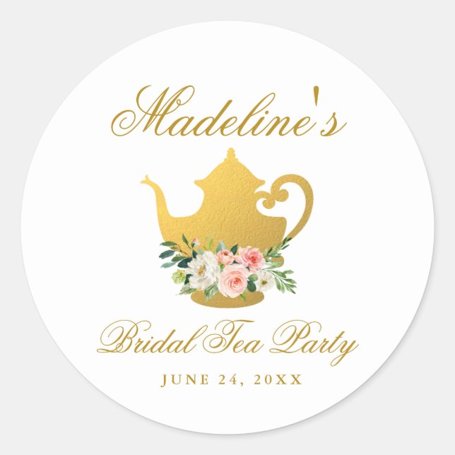 Bridal Shower Tea Party Pink Floral Gold Classic Round Sticker (Front)