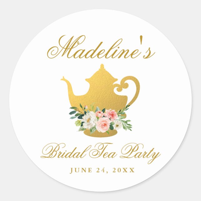 Bridal Shower Tea Party Pink Floral Gold Small Classic Round Sticker (Front)