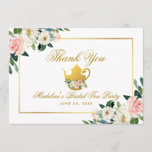 Bridal Shower Tea Party Pink Floral Gold Thanks Thank You Card
