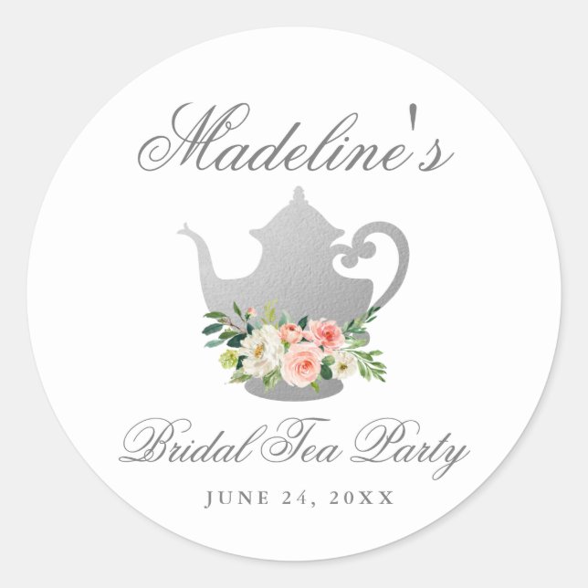 Bridal Shower Tea Party Pink Floral Silver Small Classic Round Sticker (Front)