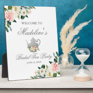 Bridal Shower Tea Party Pink Floral Silver Welcome Plaque