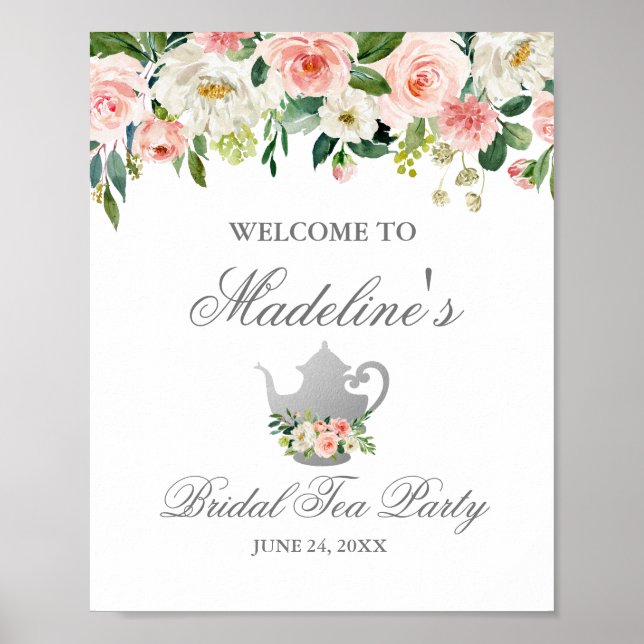 Bridal Shower Tea Party Pink Floral Silver Welcome Poster (Front)