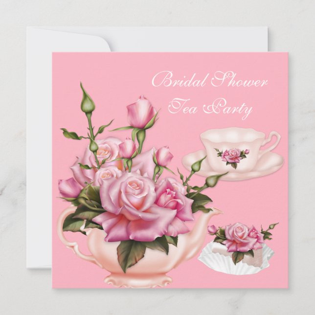 Bridal Shower Tea Party Pink Rose Teapot 2 Invitation (Front)