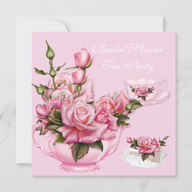 Bridal Shower Tea Party Pink Rose Teapot 4 Invitation (Front)
