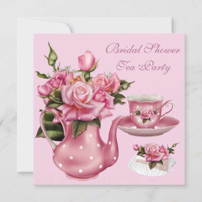Bridal Shower Tea Party Pink Rose Teapot 5 Invitation (Front)