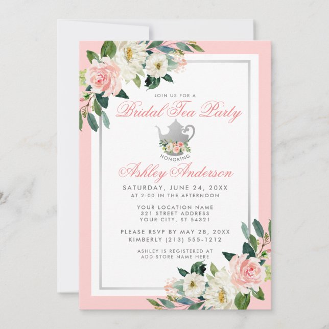 Bridal Shower Tea Party Pink Silver Floral Invite (Front)