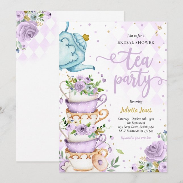 Bridal Shower Tea Party Purple And Gold Floral Invitation (Front/Back)
