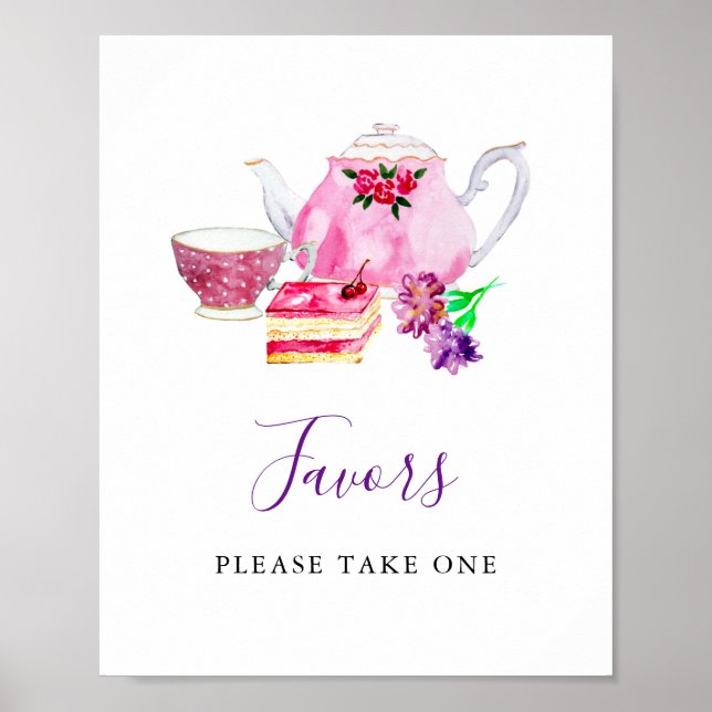 Bridal Shower Tea Party Purple Favours Sign Cute (Front)