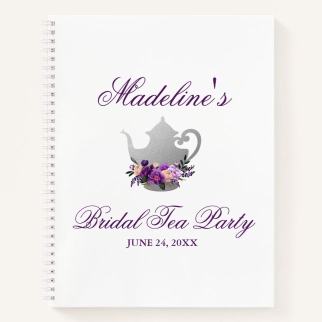 Bridal Shower Tea Party Purple Silver Gift List Notebook (Front)