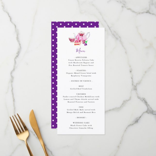 Bridal Shower Tea Party Purple Teapot Menu (Front/Back In Situ)