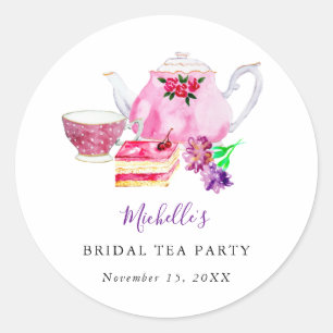 Bridal Shower Tea Party Purple Teapot  Watercolor  Classic Round Sticker