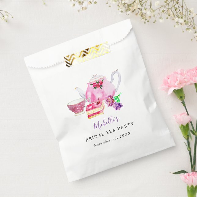 Bridal Shower Tea Party Purple Teapot  Watercolor Favour Bags (Sealed)