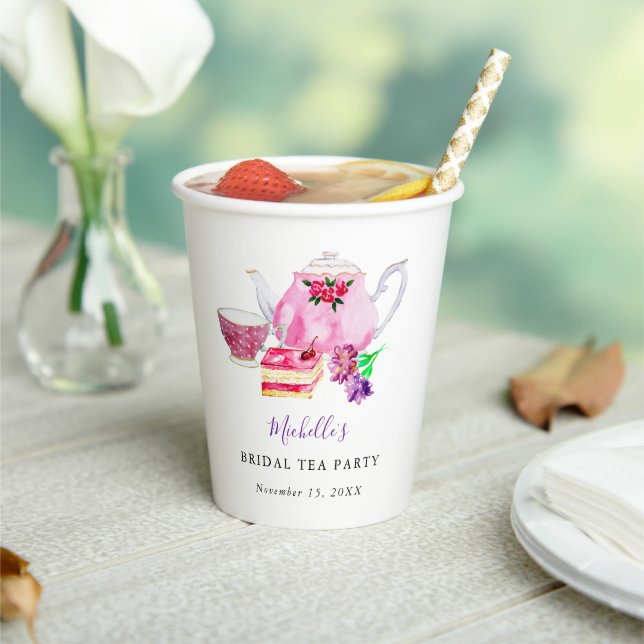 Bridal Shower Tea Party Purple Teapot  Watercolor Paper Cups (Insitu)