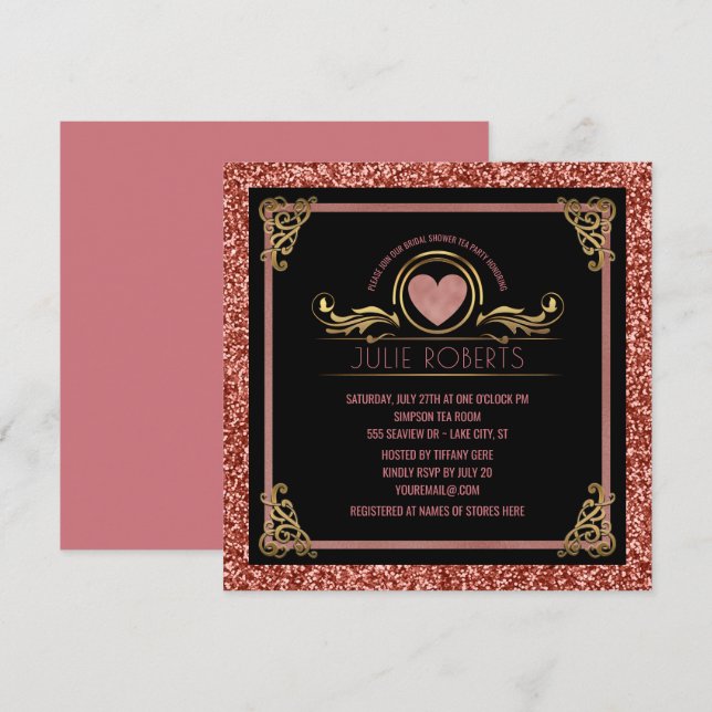 Bridal Shower Tea Party Rose Gold Heart Glitter Invitation (Front/Back)