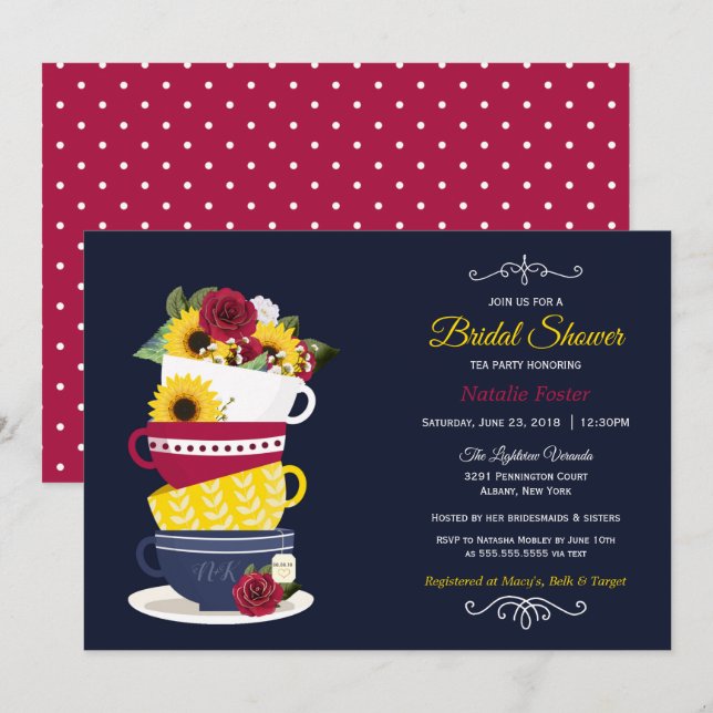 Bridal Shower Tea Party Roses & Sunflowers - Navy Invitation (Front/Back)
