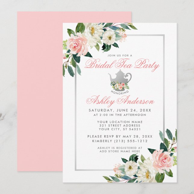 Bridal Shower Tea Party Silver Floral Pink Invite (Front/Back)
