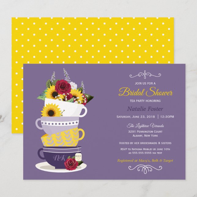 Bridal Shower Tea Party - Sunflower, Roses & Lilac Invitation (Front/Back)