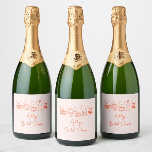 Bridal Shower Tea Theme Whimsical Doodle Sparkling Wine Label (Bottles)