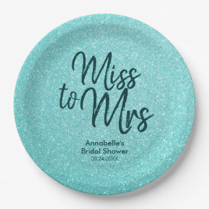 Bridal Shower Teal Green Glitter Chic Miss to Mrs Paper Plate