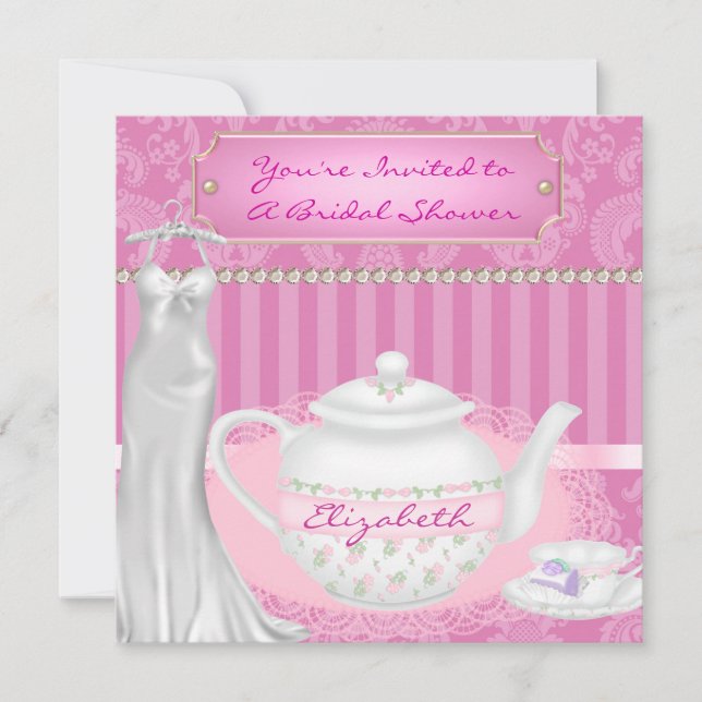 Bridal Shower Teapot & Teacup Damask Design Invitation (Front)