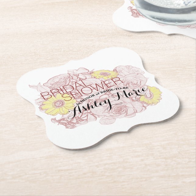 Bridal Shower Terra  Cotta Outline Bouquet Custom Paper Coaster (Angled)