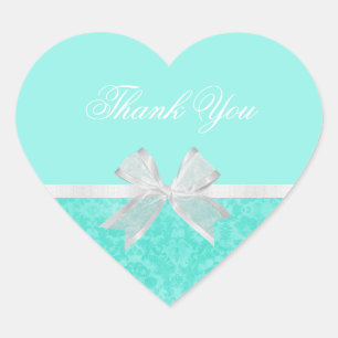 Bridal Shower Thank You Chic Aqua Damask White Bow Heart Sticker