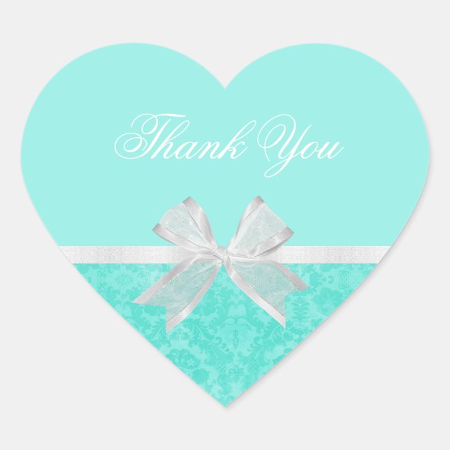 Bridal Shower Thank You Chic Aqua Damask White Bow Heart Sticker (Front)