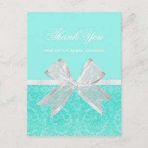 Bridal Shower Thank You Chic Aqua Damask White Bow Postcard