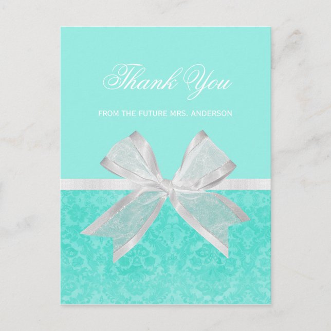 Bridal Shower Thank You Chic Aqua Damask White Bow Postcard (Front)