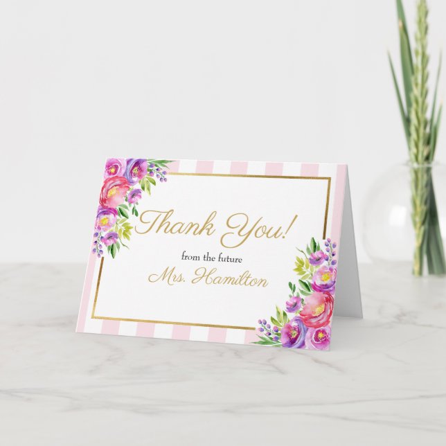 Bridal Shower Thank You Pink and Foil Gold Floral Card (Front)