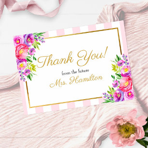 Bridal Shower Thank You Pink and Gold Floral Card