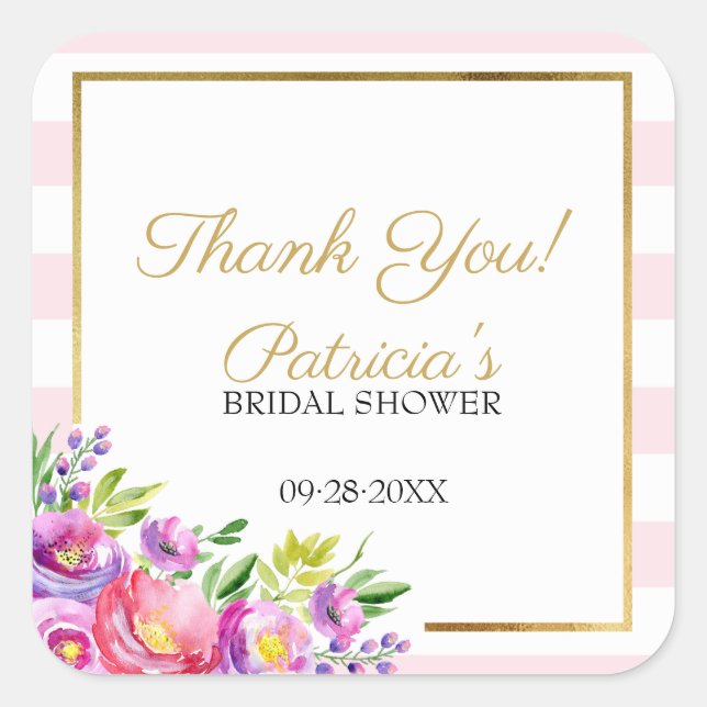 Bridal Shower Thank You Pink & Gold Floral Square Sticker (Front)