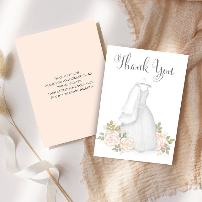 Bridal Shower Thank You Wedding Dress Card (Bridal shower thank you card with elegant white wedding dress. )