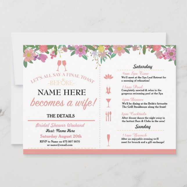 Bridal Shower Toast Floral Coral Pink Invite (Front)