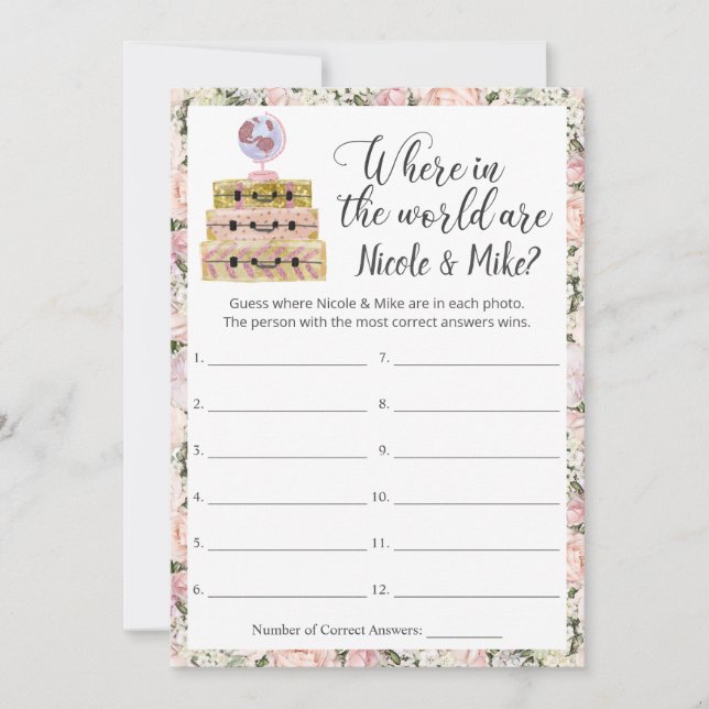 Bridal Shower Travel Photo Guessing Game Card (Front)