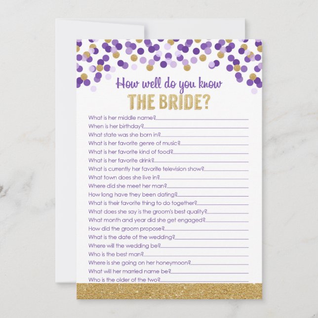 Bridal Shower Trivia Game- Purple and Gold (Front)