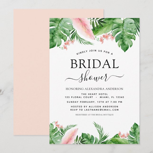 Bridal Shower Tropical Palm Floral Watercolor Invitation (Front/Back)