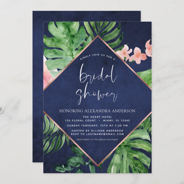 Bridal Shower Tropical Palm Navy Blue Invitation (Front/Back)
