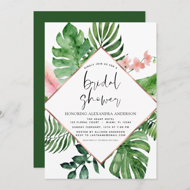 Bridal Shower Tropical Palm Watercolor Geometric I Invitation (Front/Back)