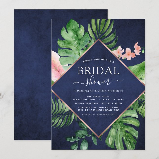 Bridal Shower Tropical Palm Watercolor Navy Blue Invitation (Front/Back)