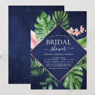 Bridal Shower Tropical Palm Watercolor Navy Blue Invitation