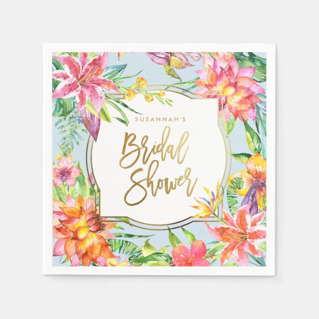 Bridal Shower | Tropical Summer Watercolors Gold Napkin (Front)