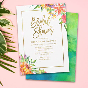 Bridal Shower   Tropical Watercolor Gold Script Invitation