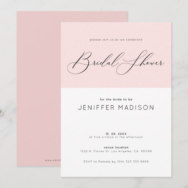 Bridal Shower typography pink and white background Invitation (Front/Back)