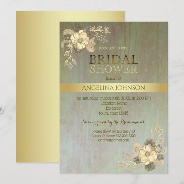 Bridal Shower Vintage Gold Flowers Invitation (Front/Back)