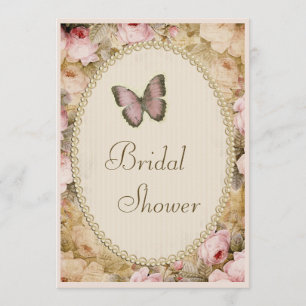 Bridal Shower Vintage Pearls Lace Roses Butterfly Invitation