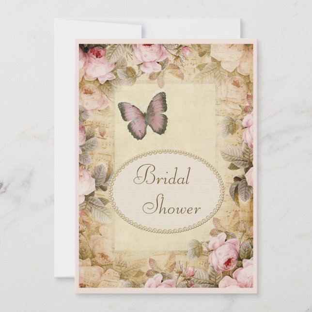 Bridal Shower Vintage Pearls Lace Roses Butterfly Invitation (Front)