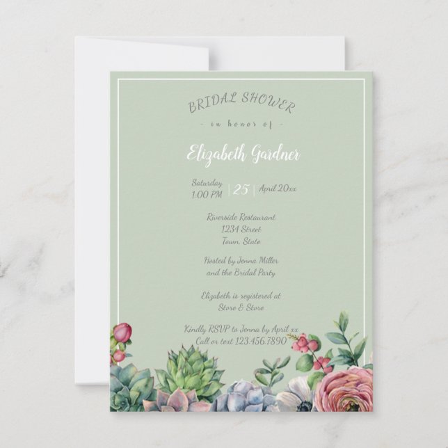 Bridal Shower Watercolo Pink Blue  Green Succulent Invitation (Front)