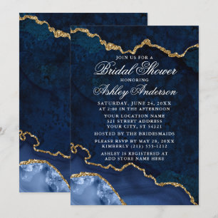 Bridal Shower Watercolor Blue Gold Marble Geode Invitation