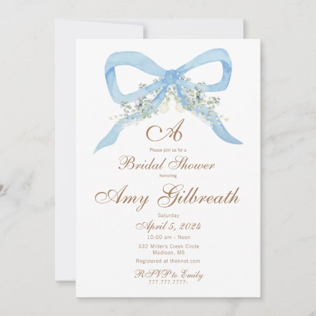 Bridal Shower Watercolor Blue Ribbon Invitation (Front)